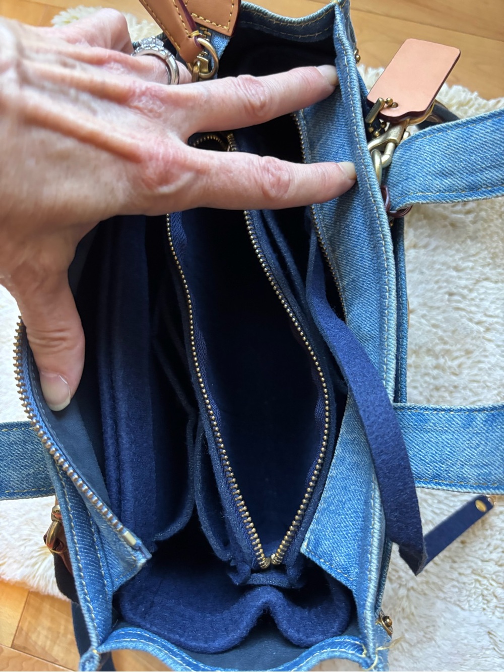 Coach Blue Denim Tote with Navy Logo and Tan Tag - Picture 5 of 9